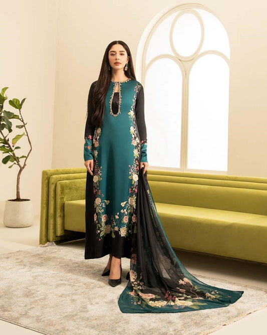 Lulusar Green Blue Digital Shamoz Silk 3pc