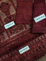 Mushq Maroon Formal Net Collection 3pc Unstitched