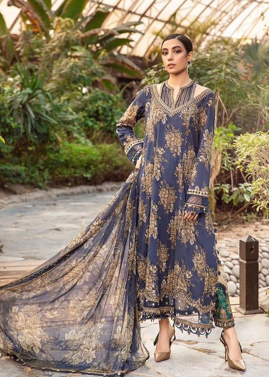 MB Blue Front Embroidered luxury Lawn 3pc