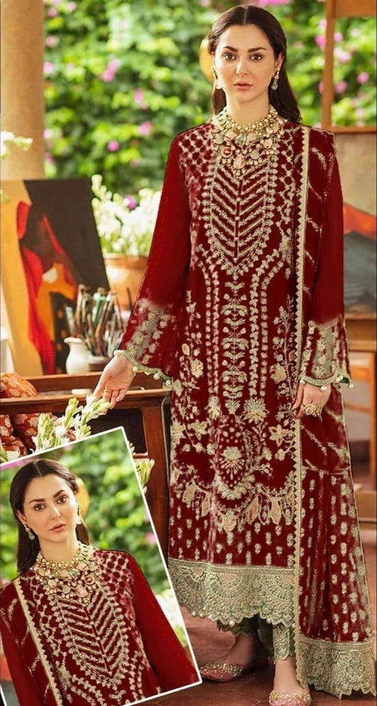 Afrozeh Maroon Embroidery Chiffon Collection 3pc