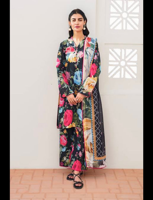 Baroque Black Printed Swiss Lawn With Silk Dupatta