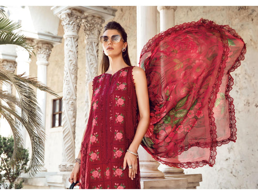 MB Red Chikankari Silk Dupatta Cross Stitch Embroidery 3pc