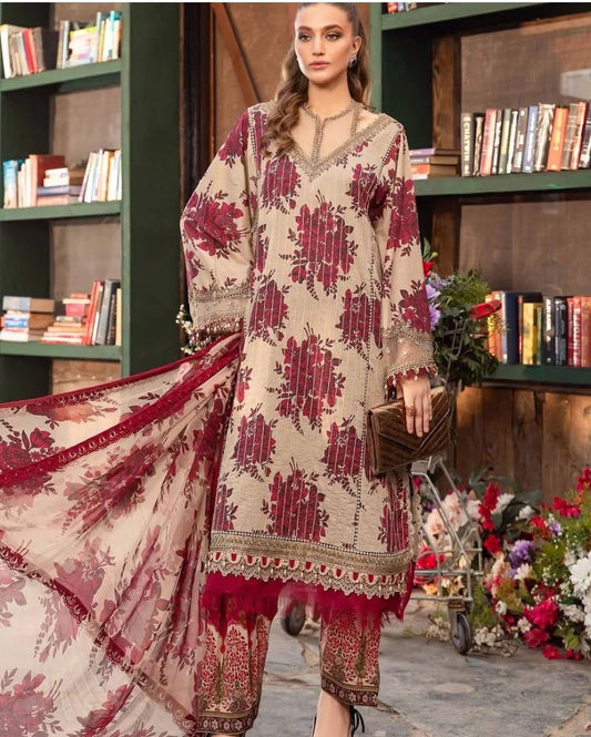 MB Maroon Front Embroidered Lawn 3pc