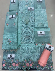 Mb Sea Green Organza Luxury Lazer Cutwork 3pc