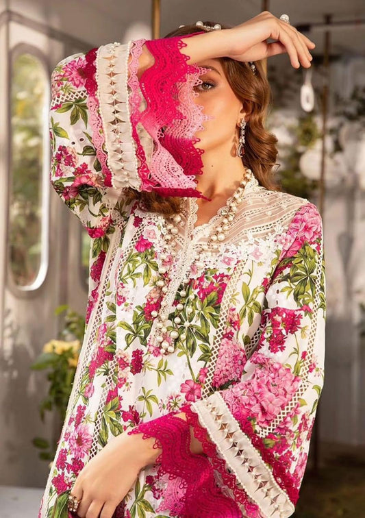 MB Pink and White digital embroidered lawn 3pc