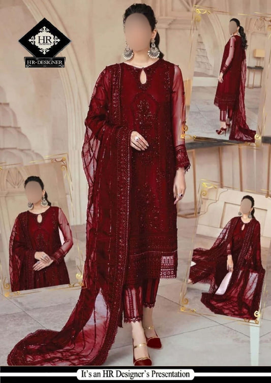 Mushq Maroon Formal Net Collection 3pc Unstitched