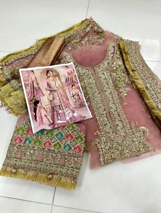 MB Pink Gharara Net Collection 3pc Unstitched