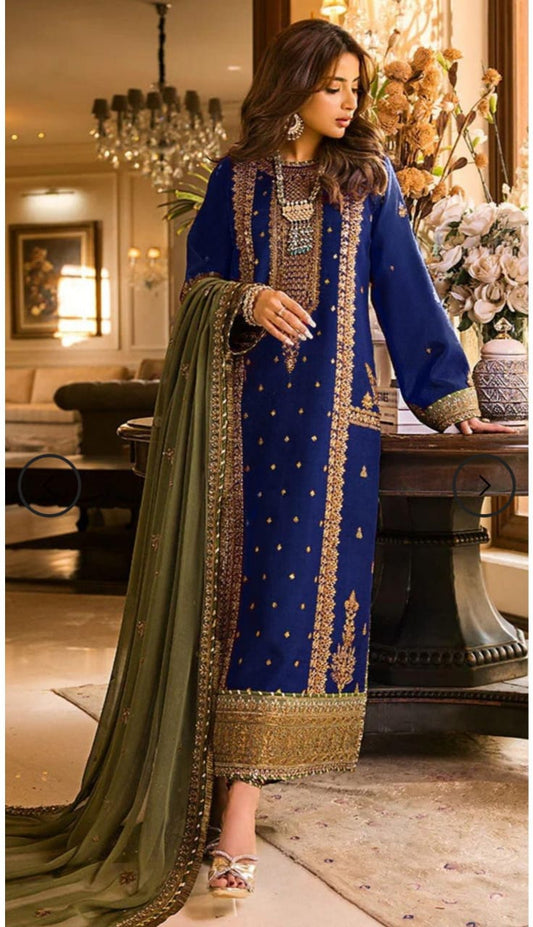 Asim Jofa Blue Luxury Chiffon Embroidery Dress 3pc